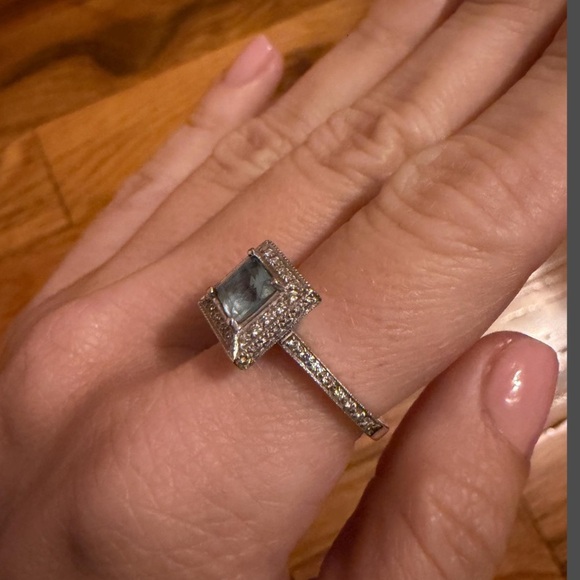 Vintage Art Deco style 18k white gold aquamarine ring with diamonds - Picture 5 of 8